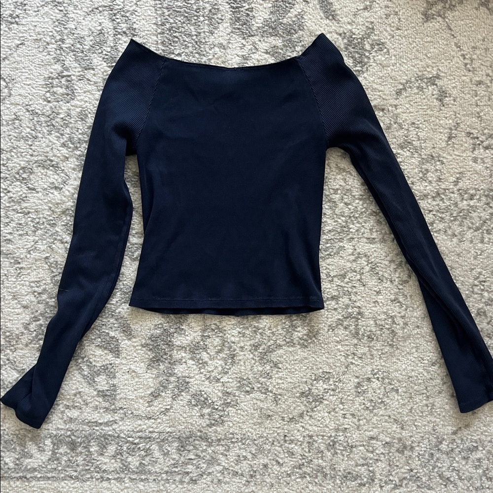 John Galt Navy Long Sleeve Off-Shoulder Top